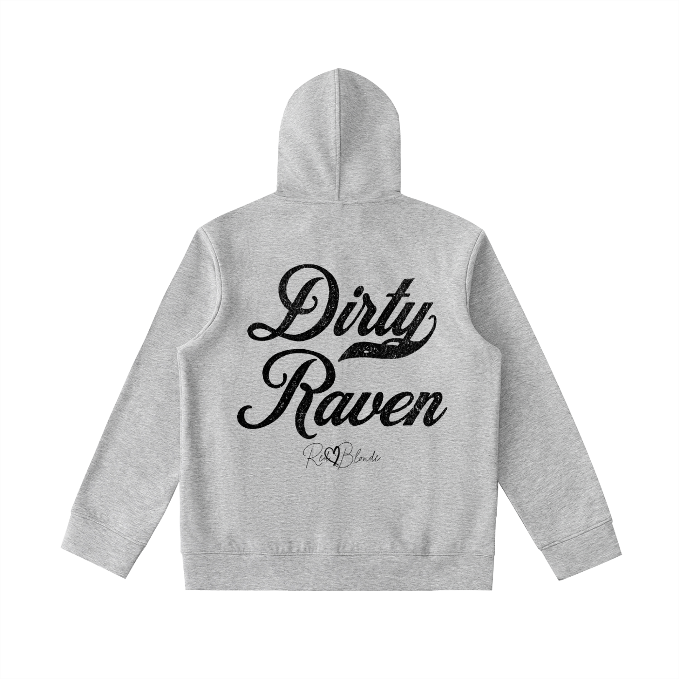 Back view of a grey coloured hoodie with bold white Milkstore vintage-style script text “Dirty Raven” across the back and a subtle RedBlonde signature logo underneath.
