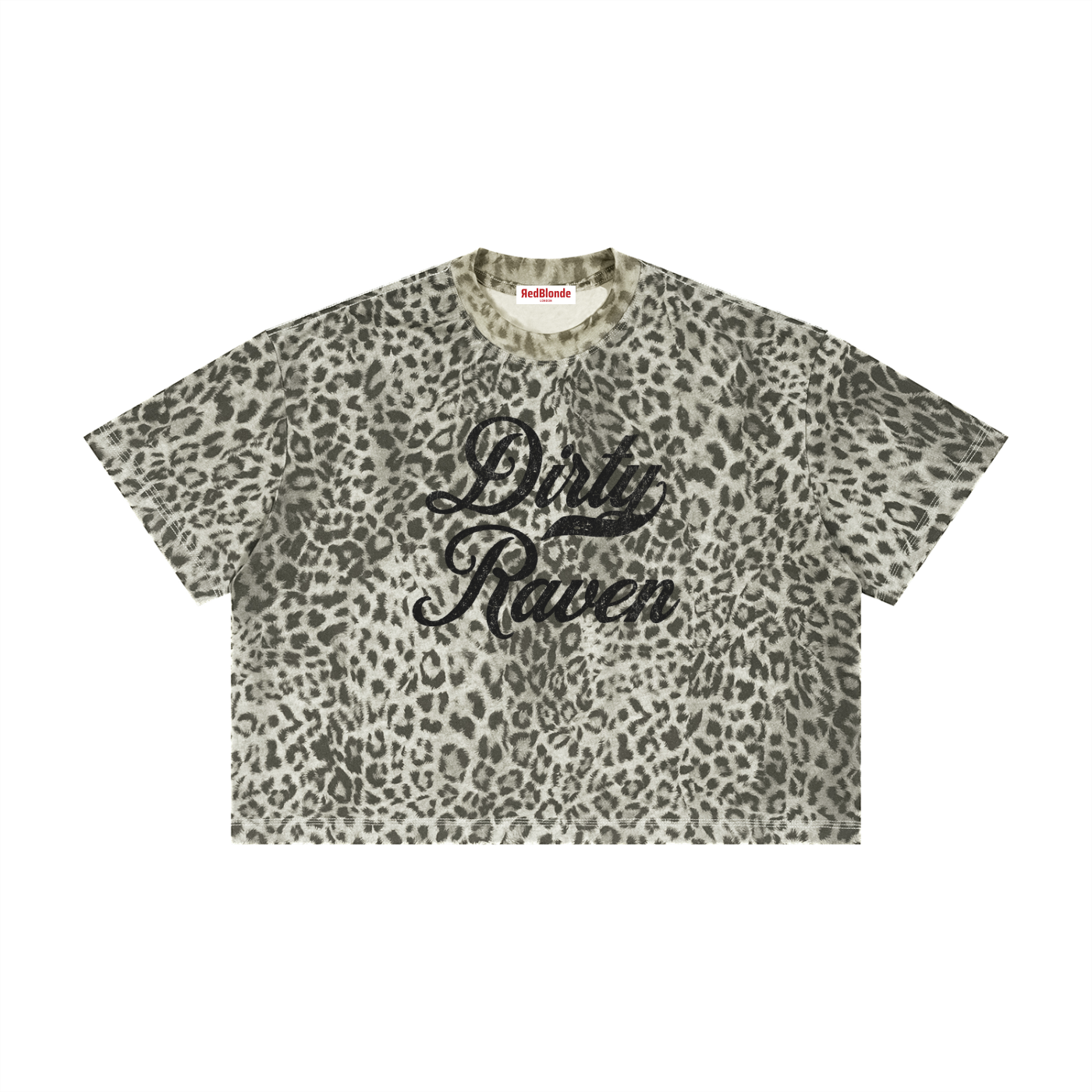 grey boxy T-shirt with an all-over animal print, contrasting ribbed crew neckline, and faded black Dirty Raven Milkstore script graphic across the front.