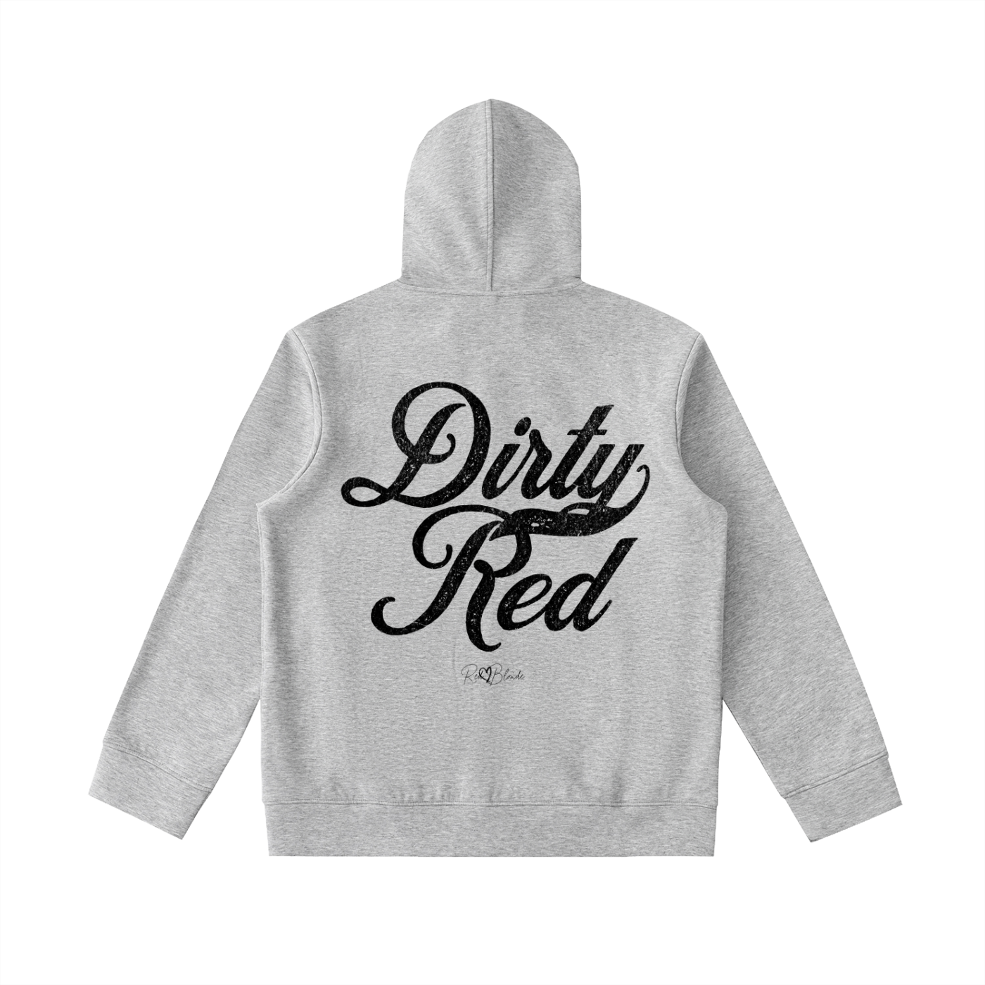 Back view of a grey coloured hoodie with bold black Milkstore vintage-style script text “Dirty Red” across the back and a subtle RedBlonde signature logo underneath.