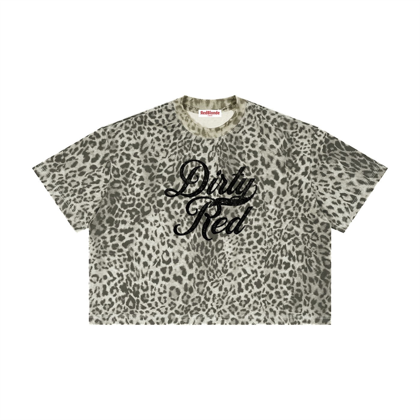grey oversized T-shirt with an all-over animal print, contrasting ribbed crew neckline, and faded black Dirty Red Milkstore script graphic across the front.