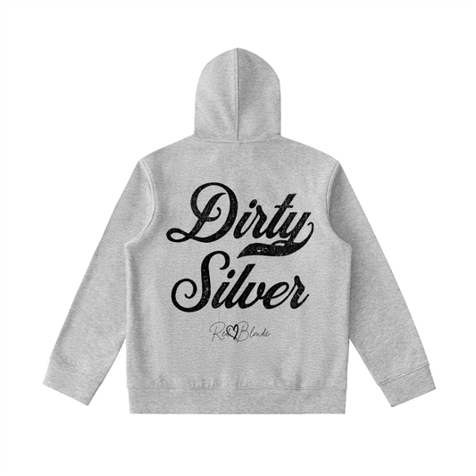 Back view of a grey hoodie with bold black Milkstore vintage-style script text “Dirty Silver” across the back and a subtle RedBlonde signature logo underneath