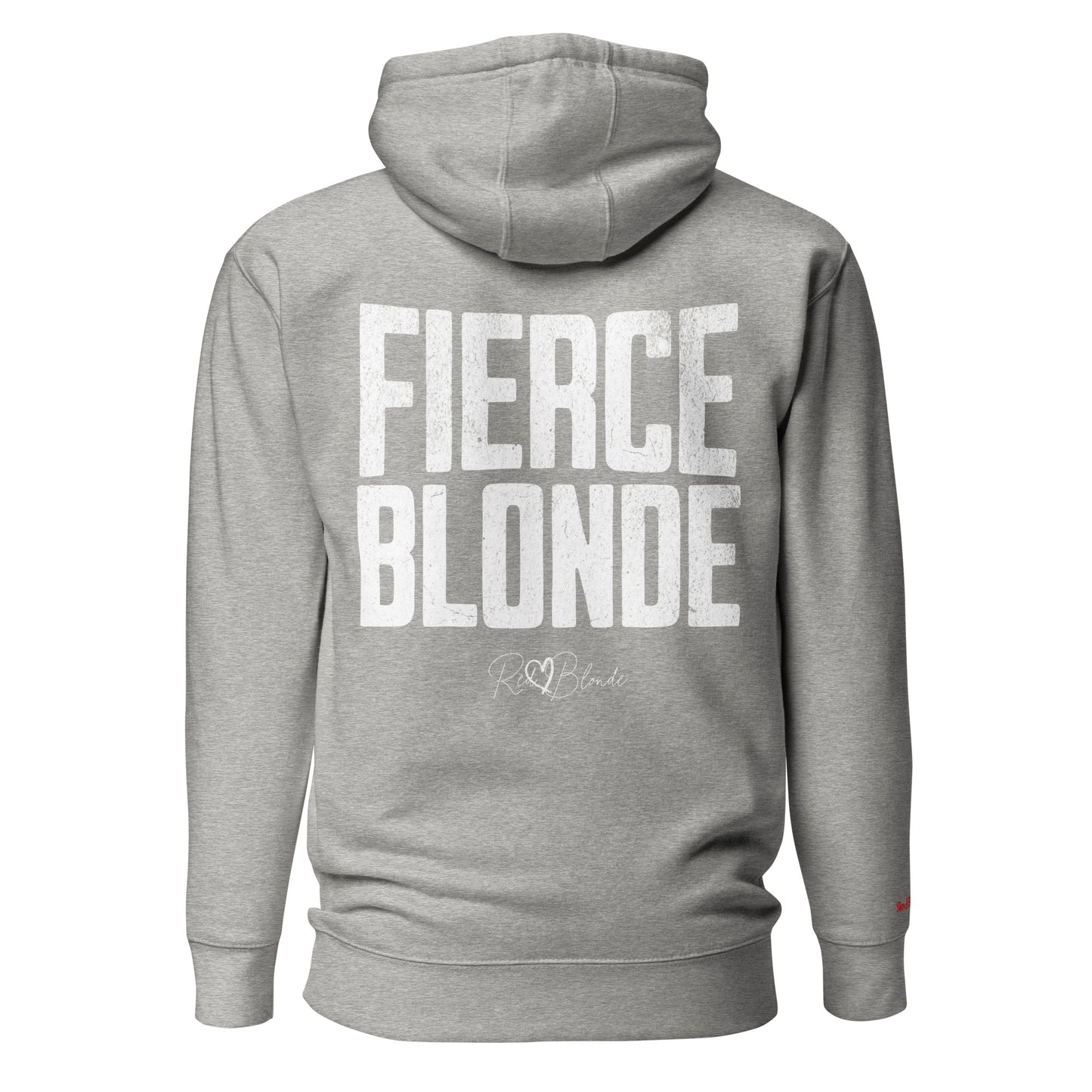 Back view of a grey hoodie featuring bold distressed North Road white text reading “Fierce Blonde” with the RedBlonde signature logo beneath. The design has a confident, statement-making style.It is branded RedBlonde on the inside neck and right sleeve