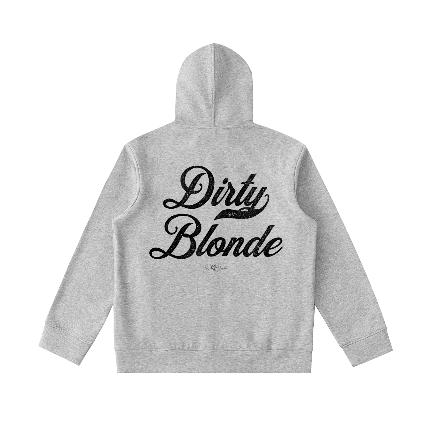 Back view of a grey high neck hoodie with bold white Milkstore vintage-style script text “Dirty Blonde” across the back and a subtle RedBlonde signature logo underneath.