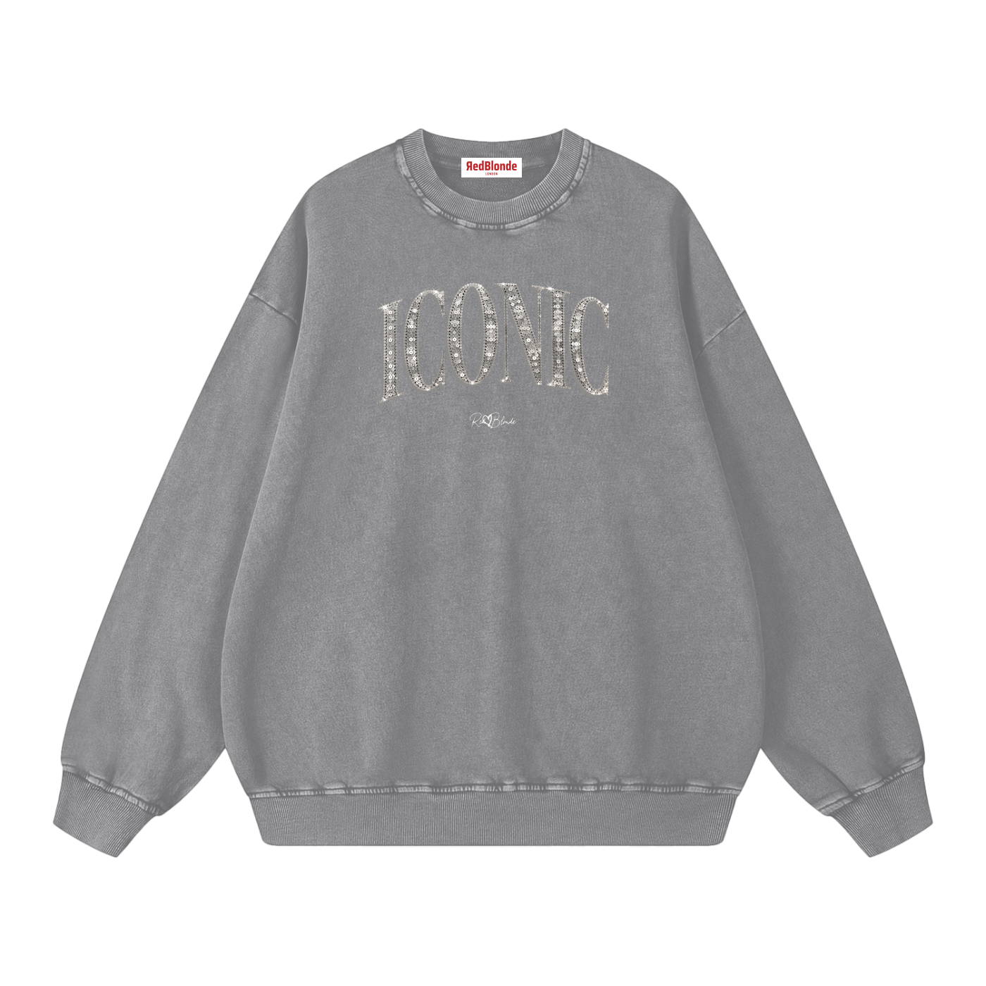 RedBlonde oversized acid-wash sweatshirt in grey with diamanté-effect "ICONIC" graphic print on the chest and RedBlonde script logo beneath, crew neck, ribbed cuffs and hem