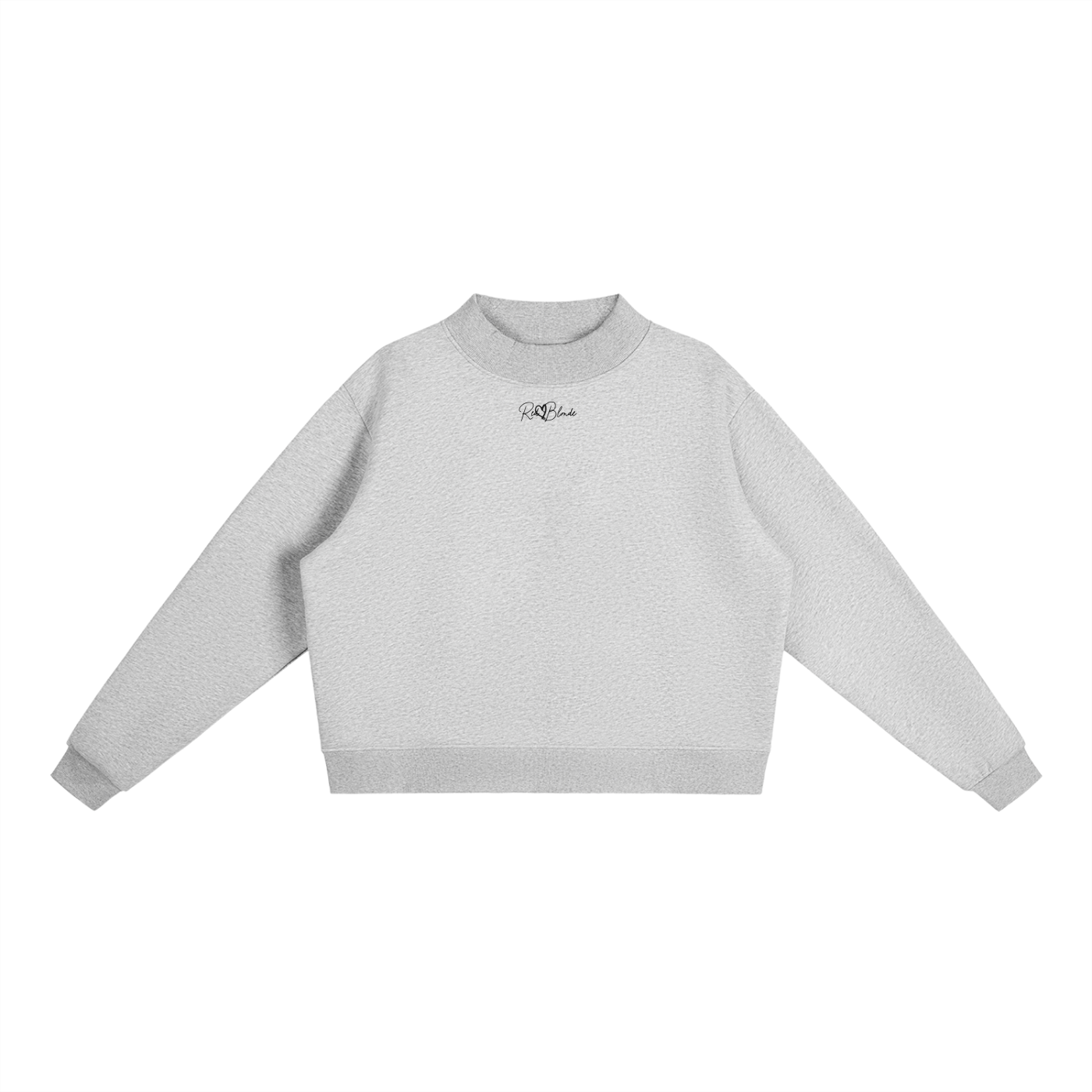 grey oversized mock-neck sweatshirt with long sleeves, ribbed cuffs and hem, and a small RedBlonde logo printed at the centre chest.