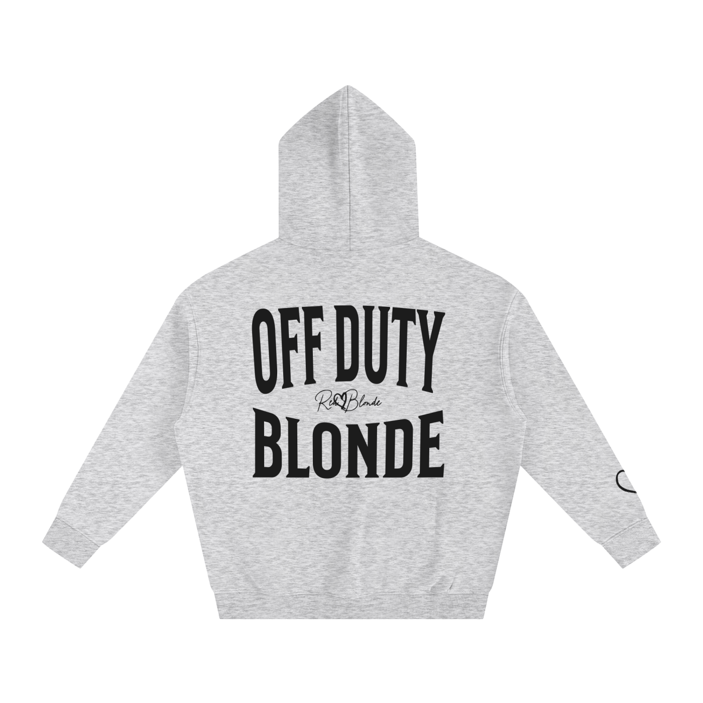grey hoodie, back view, with large black ‘OFF DUTY BLONDE’ Brookfield text print and small RedBlonde  signature logo beneath.