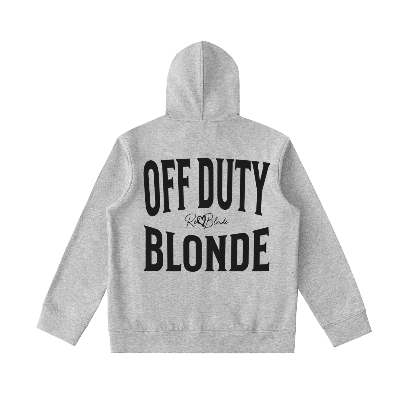 grey oversized hoodie shown from the back on a white background, featuring large black “OFF DUTY BLONDE” Brookfield text with a small RedBlonde script logo between the words.