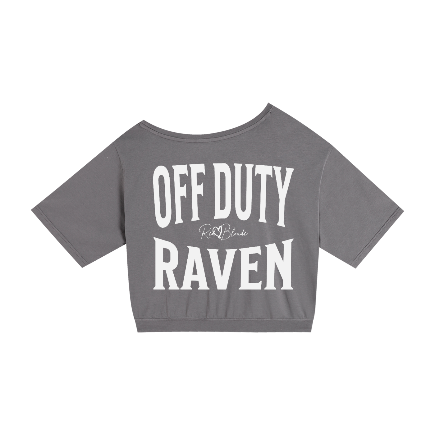 grey asymmetrical boxy T-shirt with white ‘OFF DUTY RAVEN  brookfield text back print and RedBlonde signature logo.”