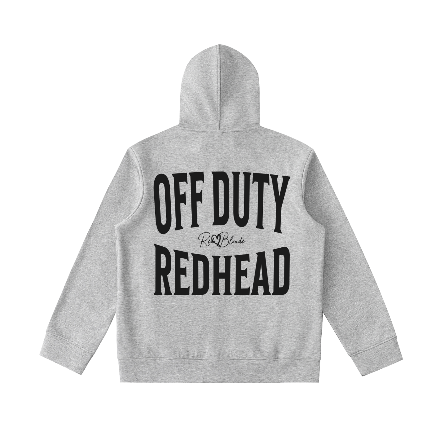 grey oversized hoodie shown from the back on a white background, featuring large black “OFF DUTY REDHEAD” Brookfield text with a small RedBlonde script logo between the words.