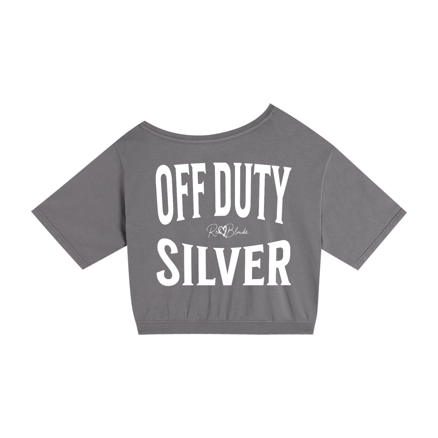black asymmetrical boxy T-shirt with white ‘OFF DUTY SILVER’  brookfield text back print and RedBlonde signature logo.”