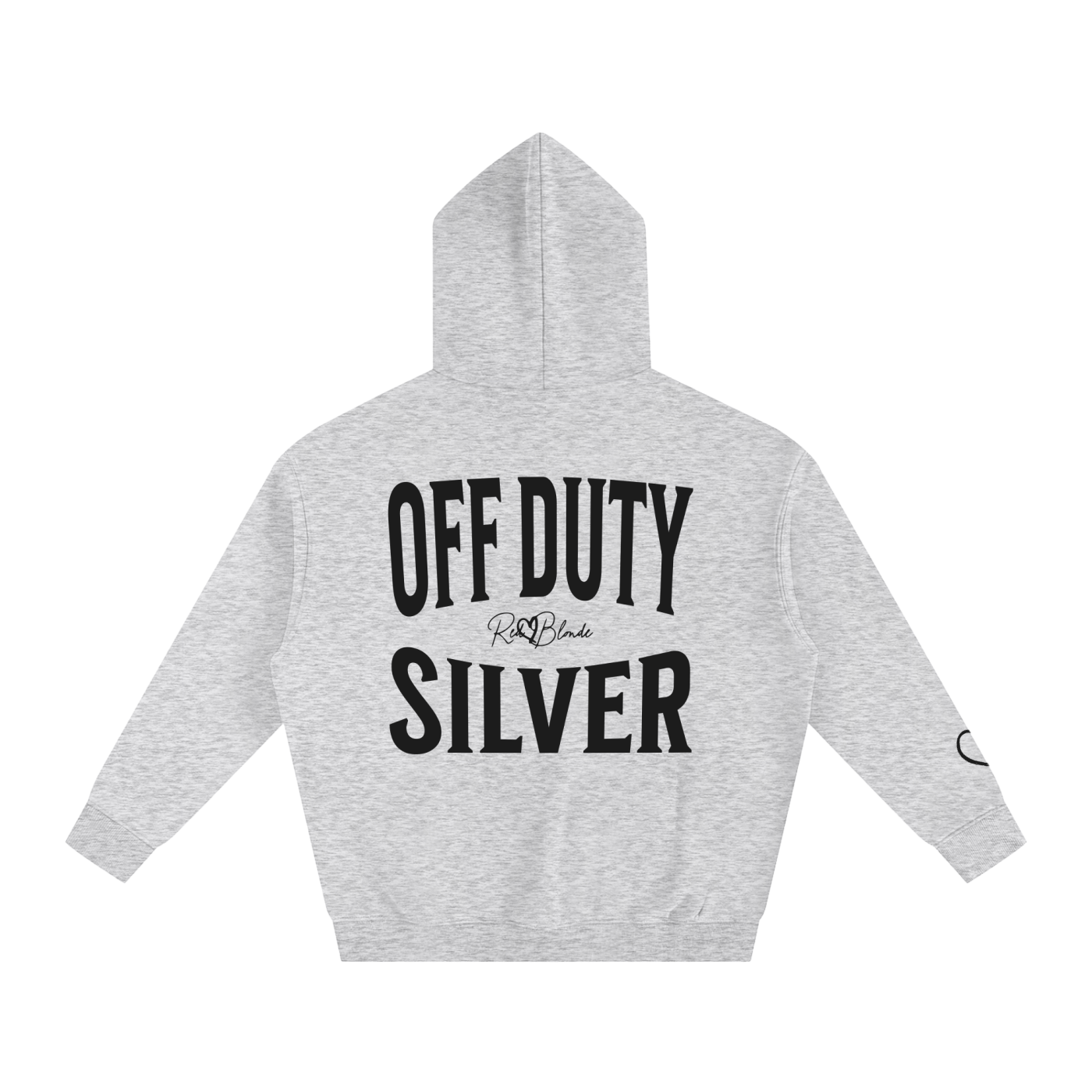grey hoodie, back view, with large black  ‘OFF DUTY SILVER’ Brookfield text print and small RedBlonde signature logo beneath. black heart detail on the sleeve