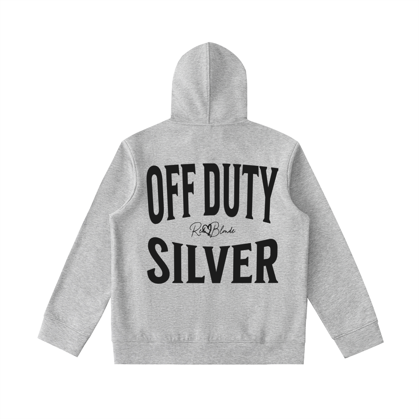 grey oversized hoodie shown from the back on a white background, featuring large black “OFF DUTY SILVER” Brookfield text with a small RedBlonde script logo between the words.