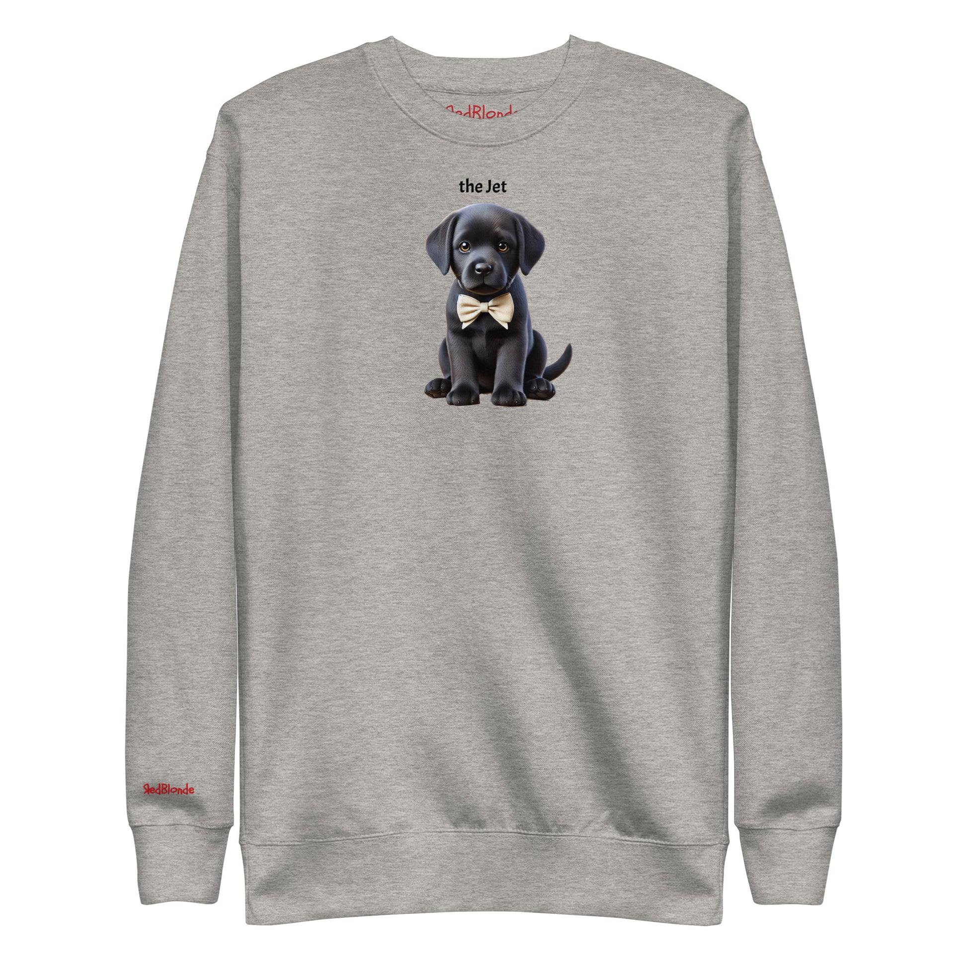 Flatlay of grey relaxed fit unisex sweatshirt with a cute graphic of a Jet black puppy wearing a bow-tie and the words 'the Jet' linking to Black hair. Branded RedBlonde in red on inside neck and right cuff