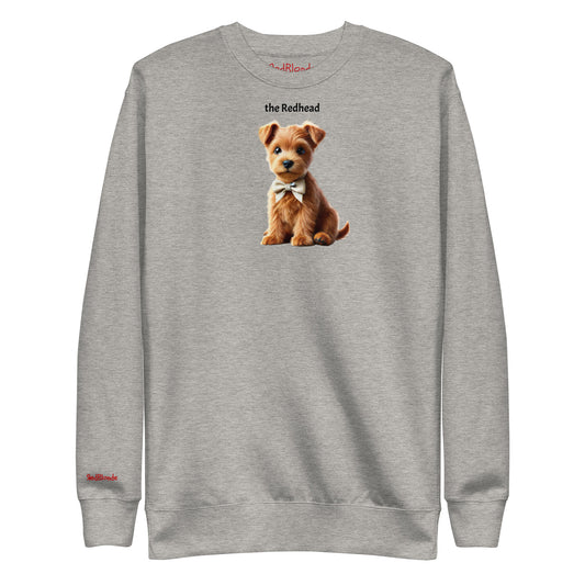 Flatlay of grey relaxed fit unisex sweatshirt with a cute graphic of a Redhead Puppy wearing a bow-tie and the words 'the Redhead' linking to Red hair. Branded RedBlonde in red on inside neck and right cuff