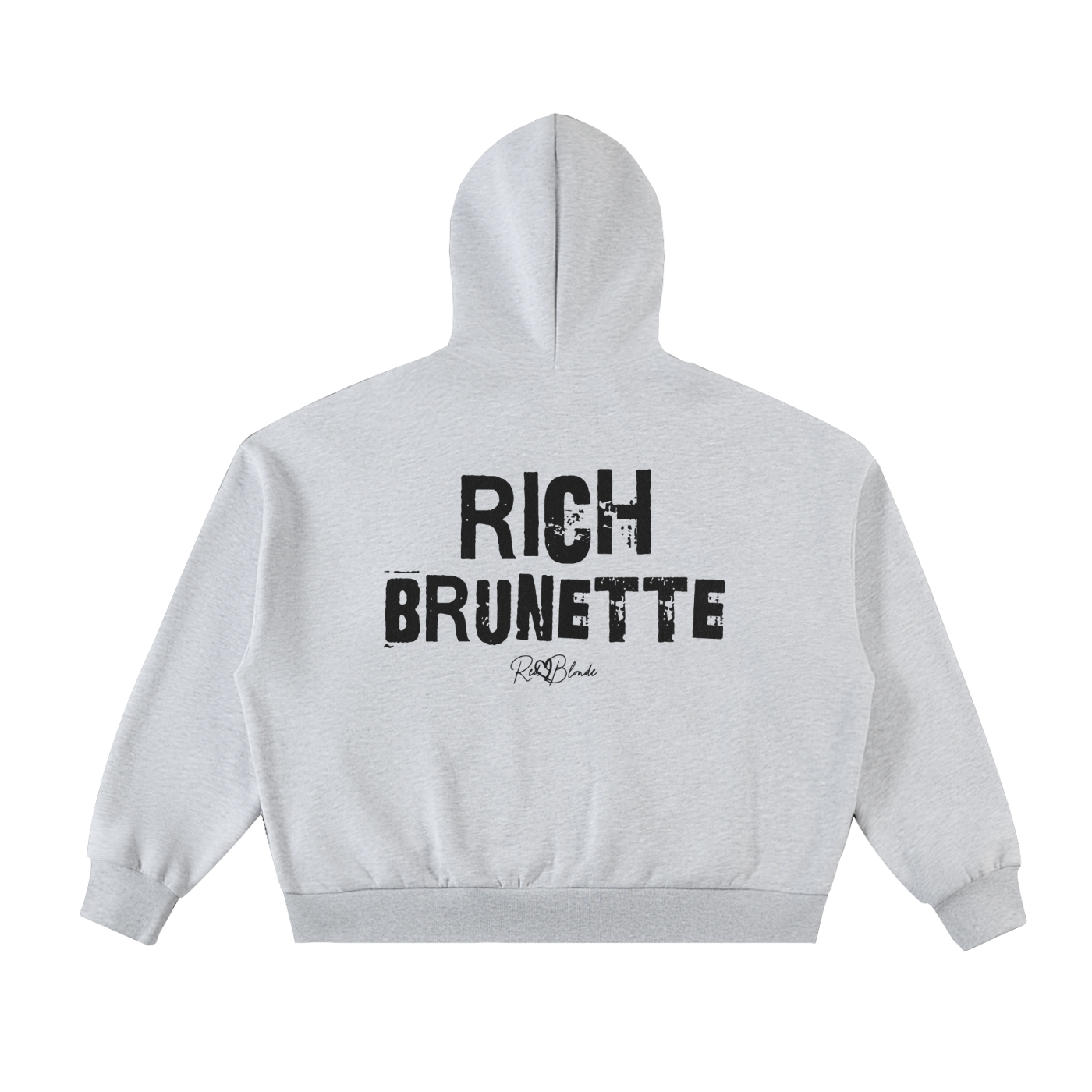 grey hem to hood zip-up hoodie with cropped oversized fit and ribbed cuffs/hem, featuring large distressed black “RICH BRUNETTE” Ed Gein text across the back with a small “RedBlonde” script logo beneath.