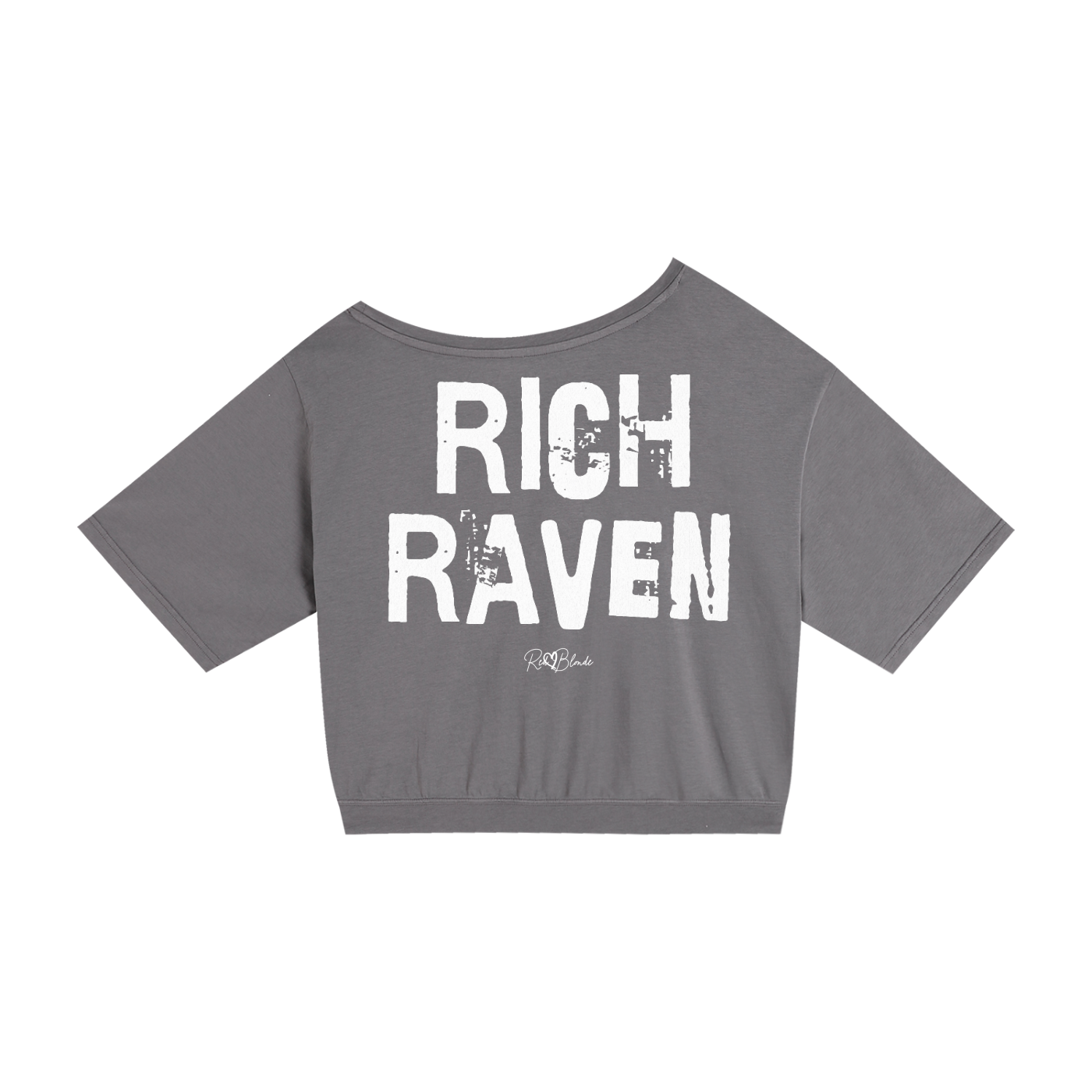 grey asymmetrical shoulder t-shirt with bold white Ed Gein font “RICH RAVEN" slogan on the front and RedBlonde logo beneath.