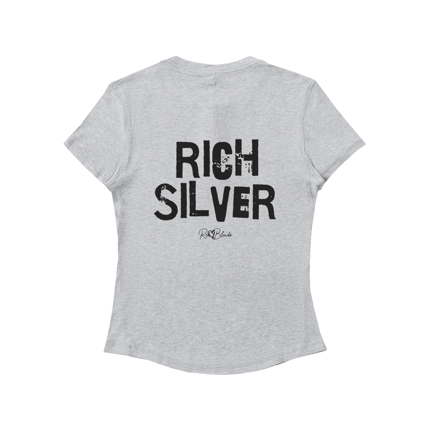 Back view of a light grey, slightly fitted women’s henley T-shirt with short sleeves and a gently curved hem. Centered on the upper back is bold distressed black Ed Gein text reading “RICH SILVER,” with a small RedBlonde signature script logo beneath it. The shirt is shown on a plain white background.