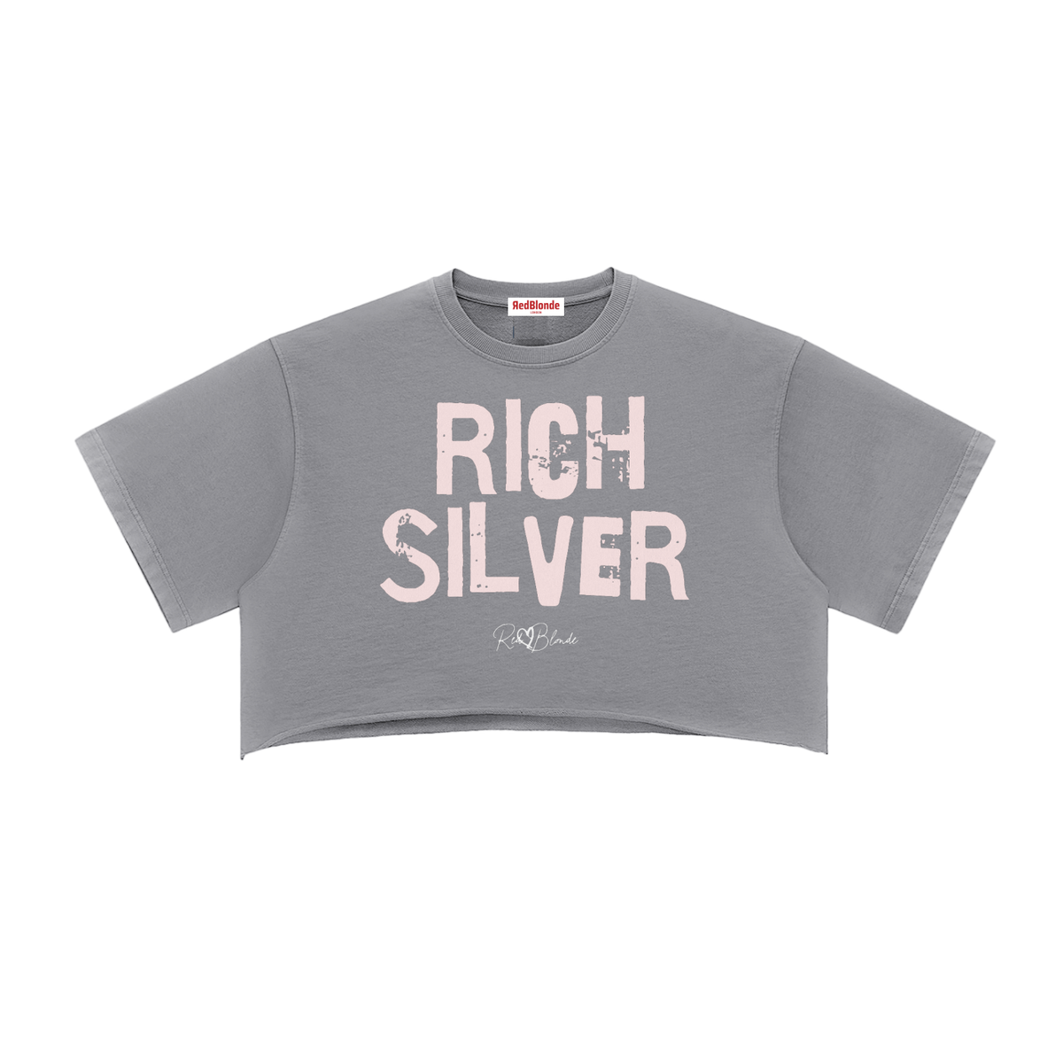 grey cropped T-shirt with oversized short sleeves and a pink tint “RICH SILVER” in Ed Gein font graphic on the front, plus a small RedBlonde script logo underneath.