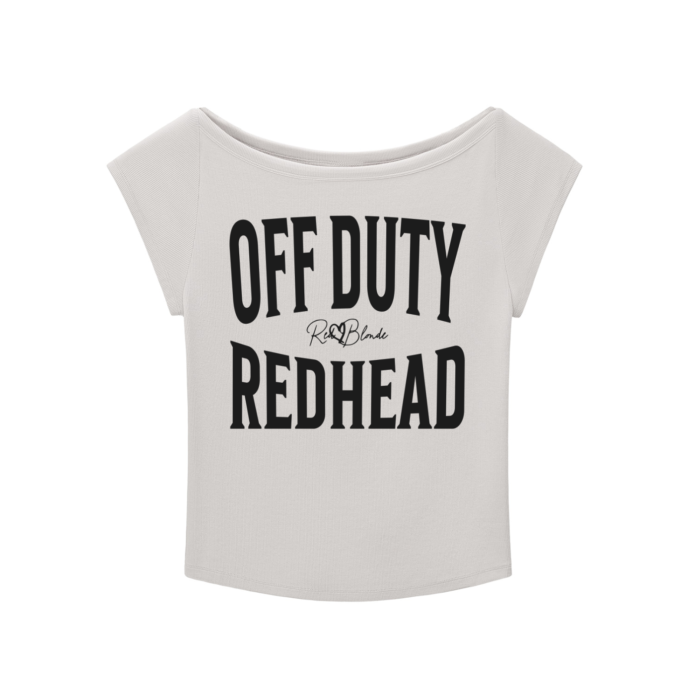 grey raglan short-sleeve top with bold black Brookfield lettering reading “OFF DUTY REDHEAD” with a small cursive RedBlonde logo between the words