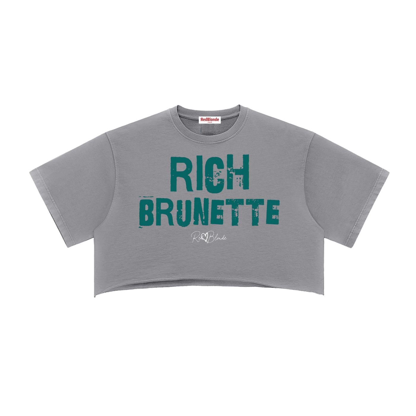 grey cropped T-shirt with oversized short sleeves and a green “RICH BRUNETTE” in Ed Gein font graphic on the front, plus a small RedBlonde script logo underneath.