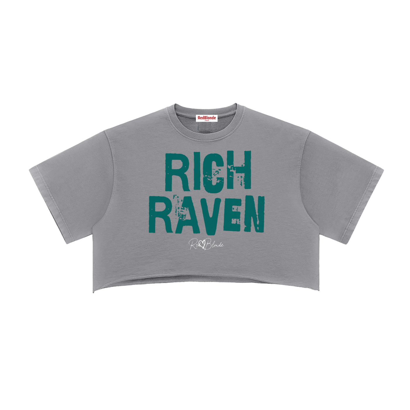 grey cropped T-shirt with oversized short sleeves and a green “RICH RAVEN” in Ed Gein font graphic on the front, plus a small RedBlonde script logo underneath.