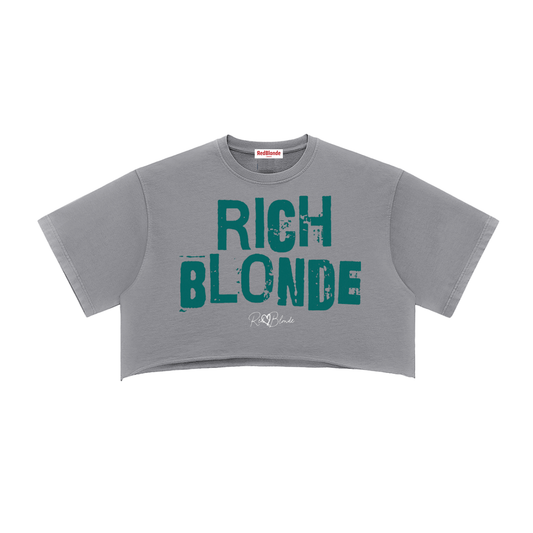 grey cropped T-shirt with oversized short sleeves and a green “RICH BLONDE” in Ed Gein font graphic on the front, plus a small RedBlonde script logo underneath.