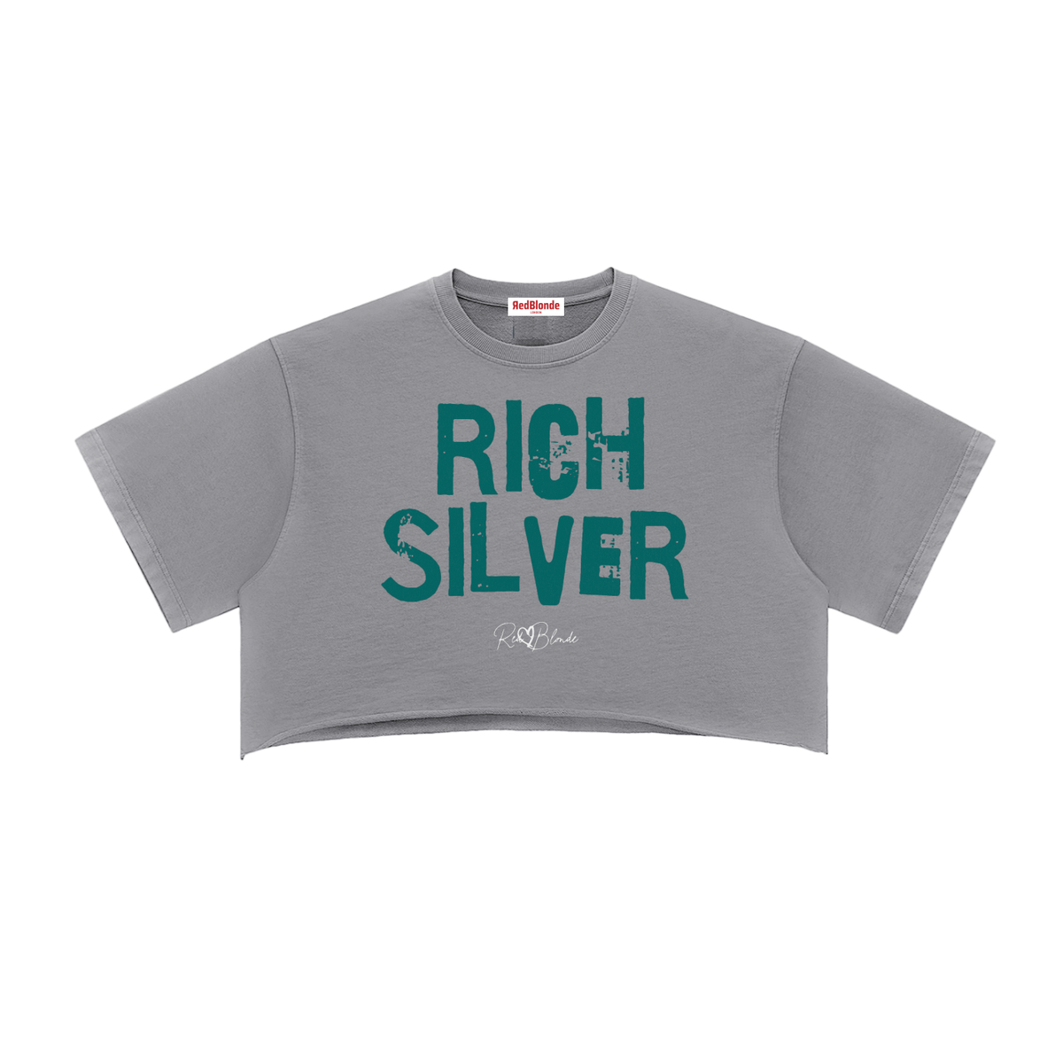 grey cropped T-shirt with oversized short sleeves and a green “RICH SILVER” in Ed Gein font graphic on the front, plus a small RedBlonde script logo underneath.