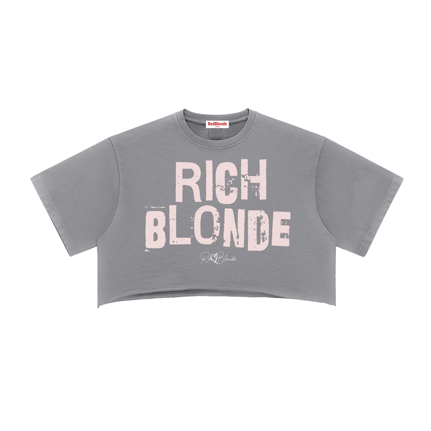 grey cropped T-shirt with oversized short sleeves and a pale pink “RICH BLONDE” in Ed Gein font graphic on the front, plus a small RedBlonde script logo underneath.
