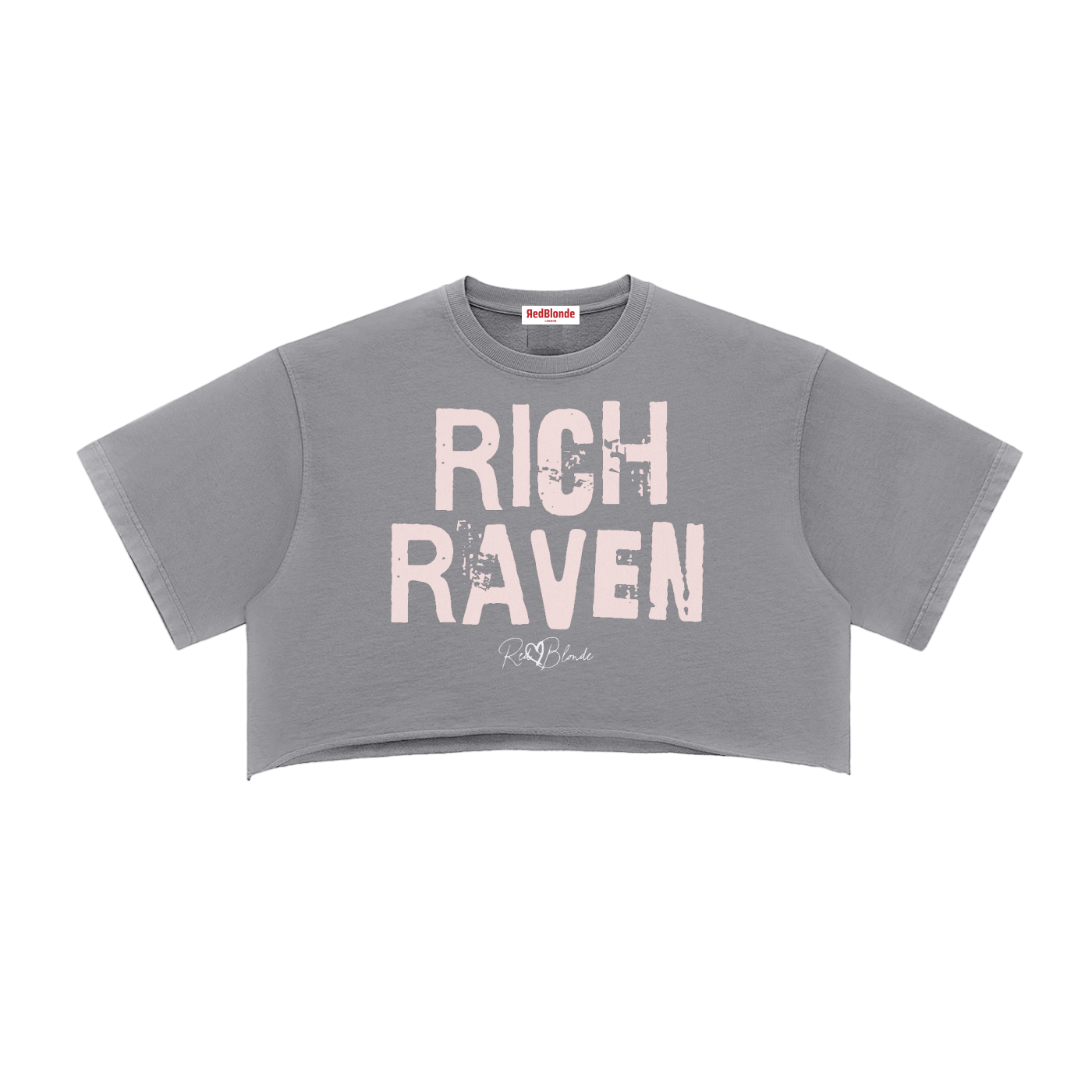 grey cropped T-shirt with oversized short sleeves and a pink tinit “RICH RAVEN” in Ed Gein font graphic on the front, plus a small RedBlonde script logo underneath.