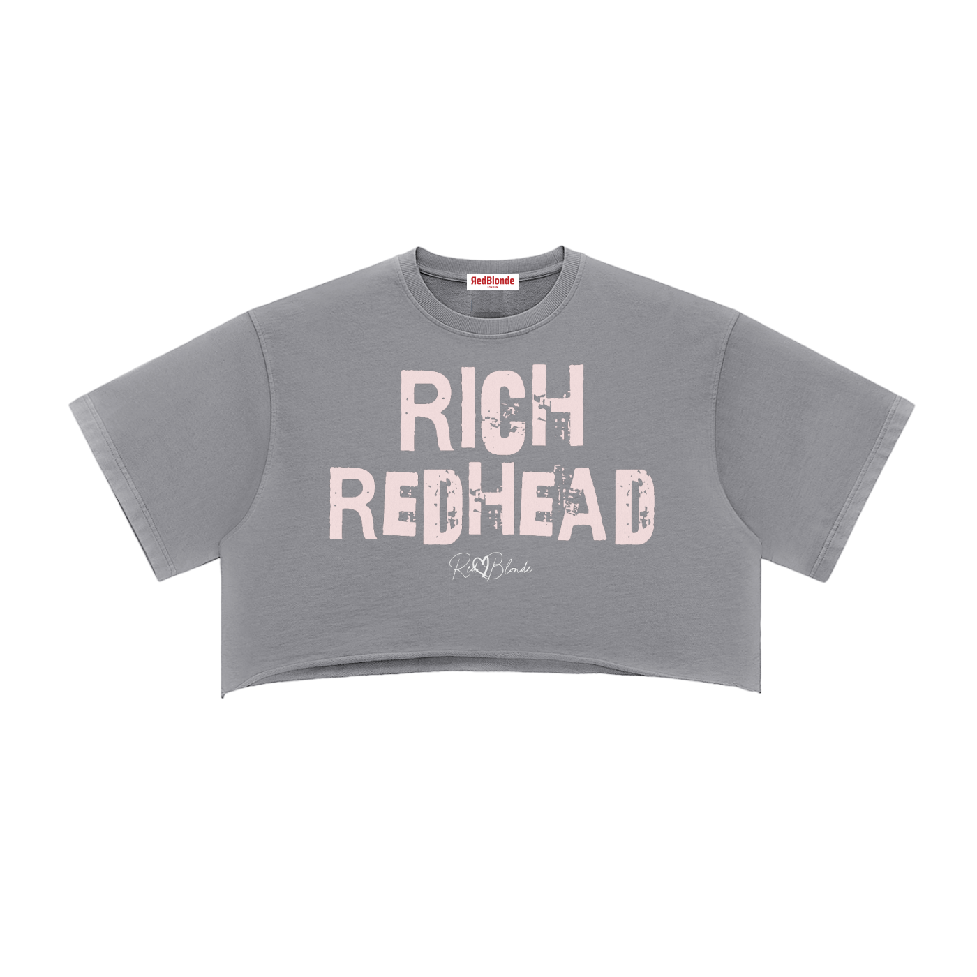 Grey cropped T-shirt with oversized short sleeves and a pink tint “RICH REDHEAD” in Ed Gein font graphic on the front, plus a small RedBlonde script logo underneath.