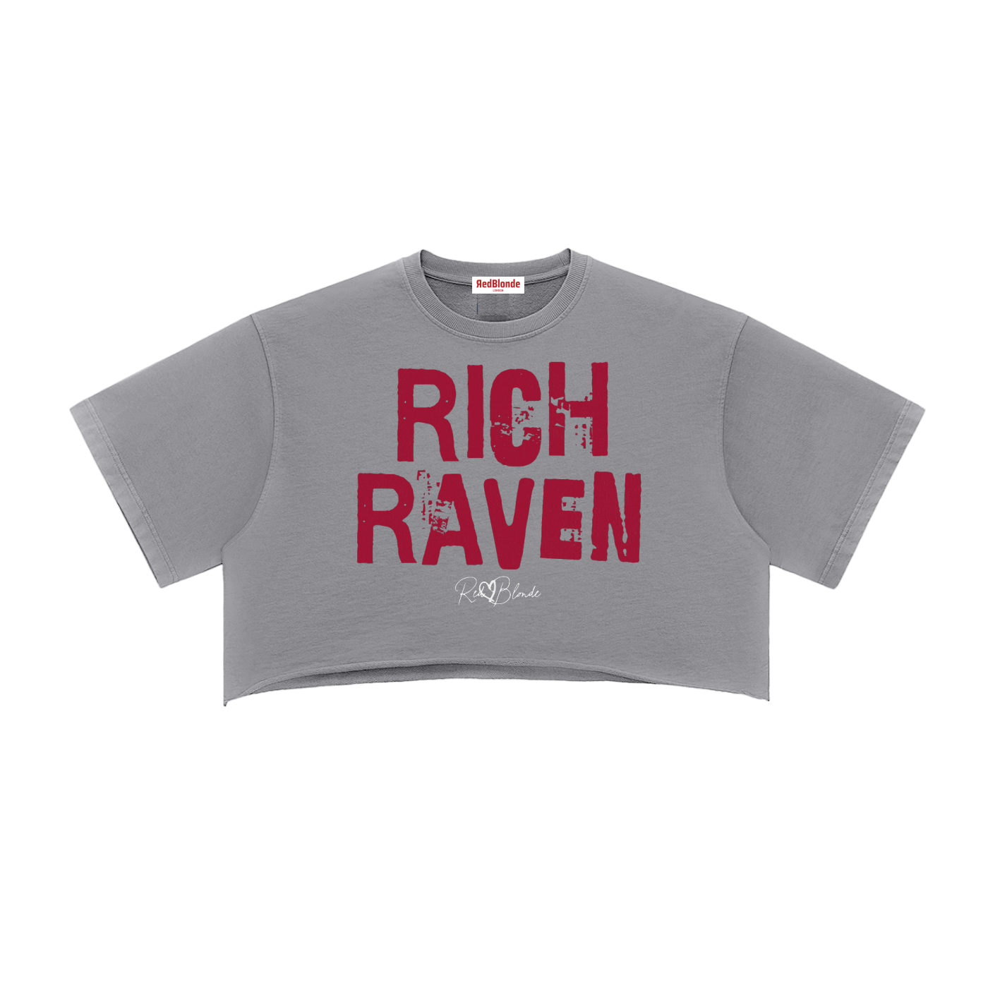 grey cropped T-shirt with oversized short sleeves and a red “RICH RAVEN” in Ed Gein font graphic on the front, plus a small RedBlonde script logo underneath.