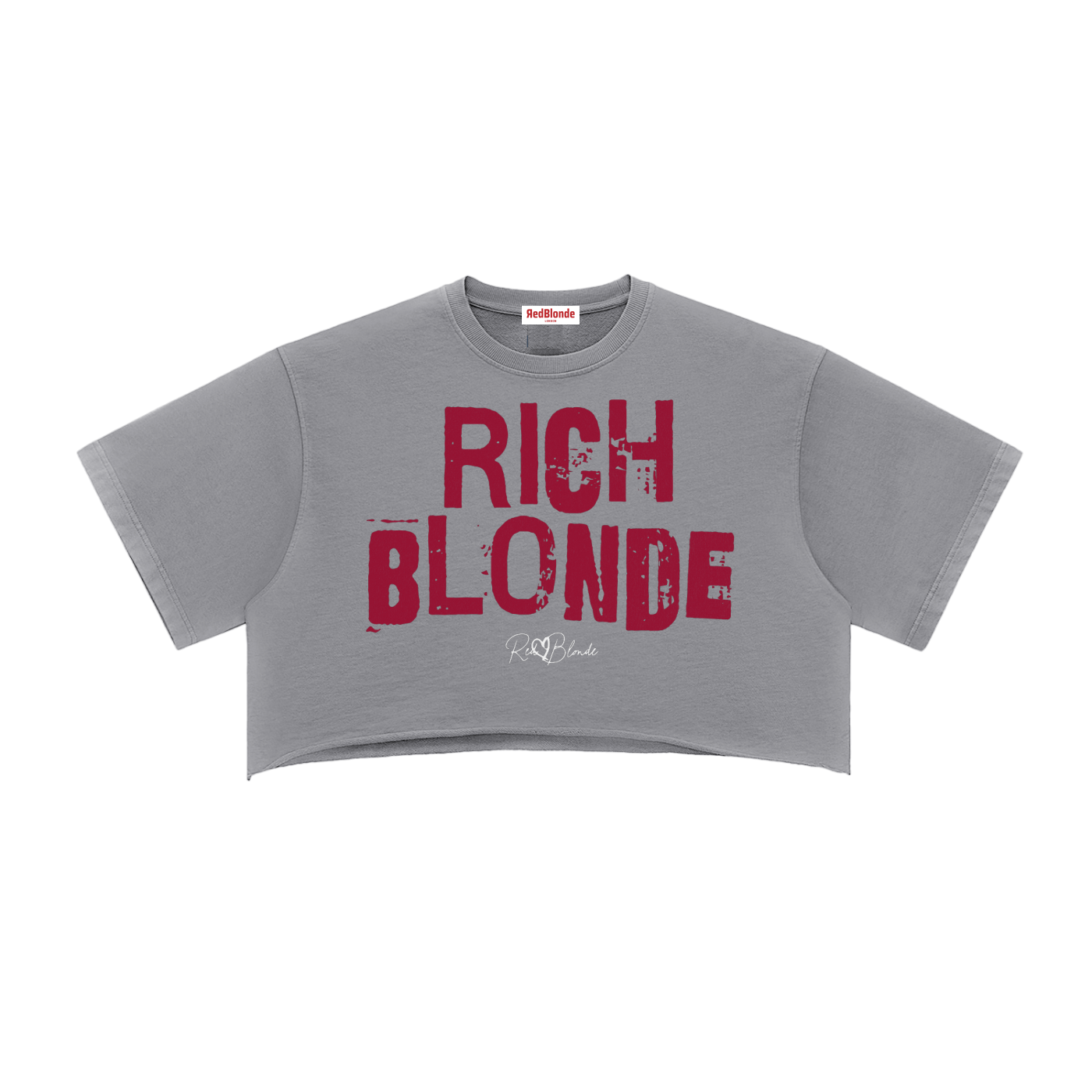 grey cropped T-shirt with oversized short sleeves and a red  “RICH BLONDE” in Ed Gein font graphic on the front, plus a small RedBlonde script logo underneath.