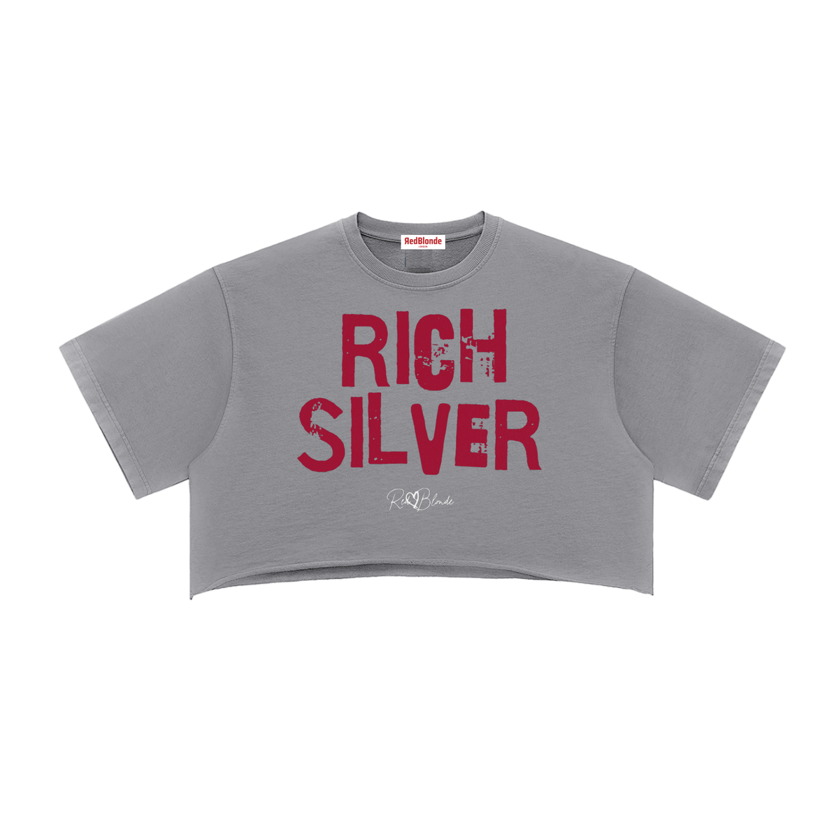 grey cropped T-shirt with oversized short sleeves and a red  “RICH SILVER” in Ed Gein font graphic on the front, plus a small RedBlonde script logo underneath.
