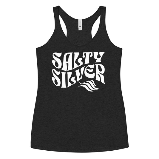 Flatlay of a heather black soft racerback tank t-shirt with 'Salty Silver' play on words slogan in white retro Solino Display wavy 70s font.  Branded RedBlonde London on reverse