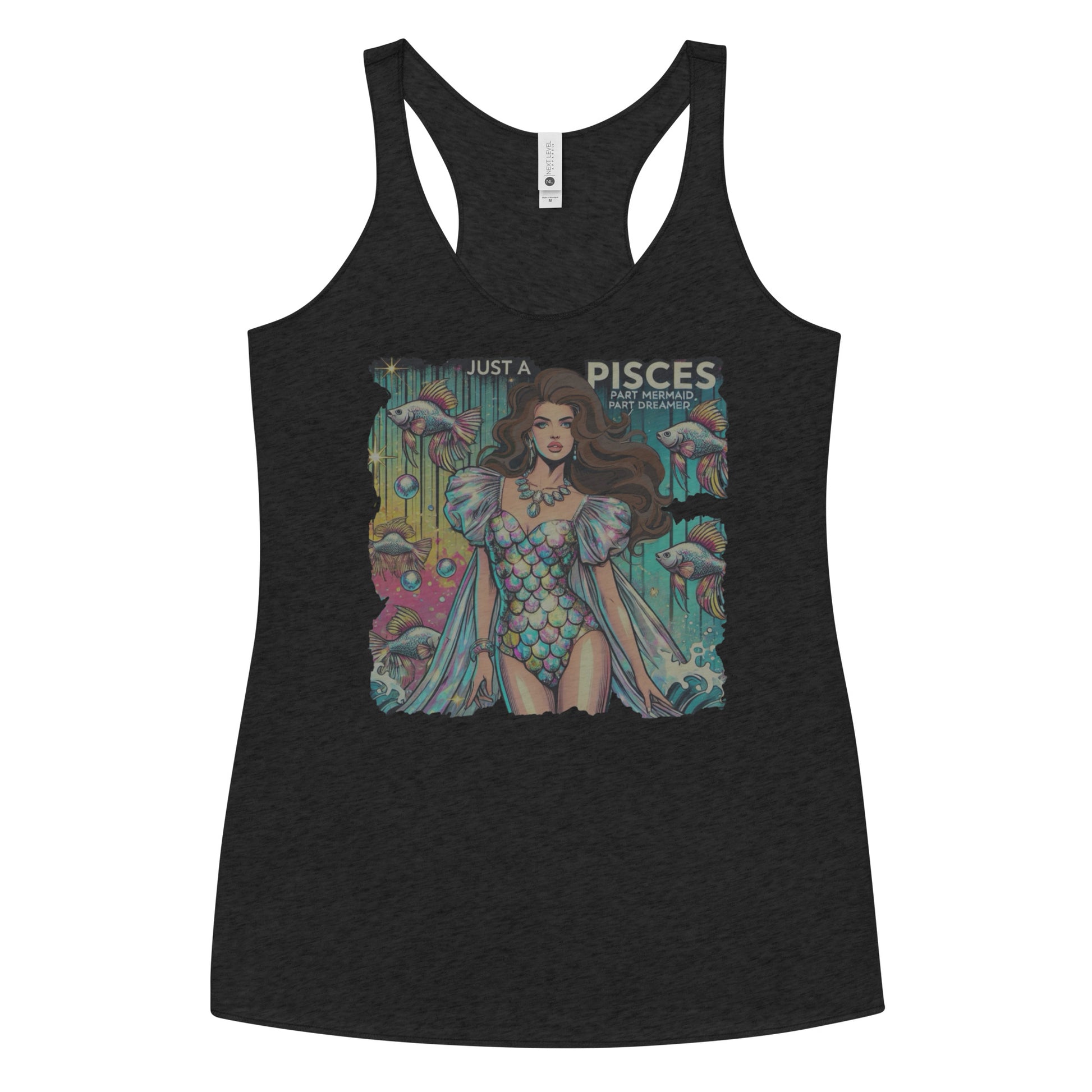 Flatlay of a heather black soft racerback tank t-shirt with a retro pop-art Brunette Pisces graphic featuring a brunette woman in a fish-scale dress, with fishes and bubbles backdrop, captioned ‘Just a Pisces, Part Mermaid, Part Dreamer'