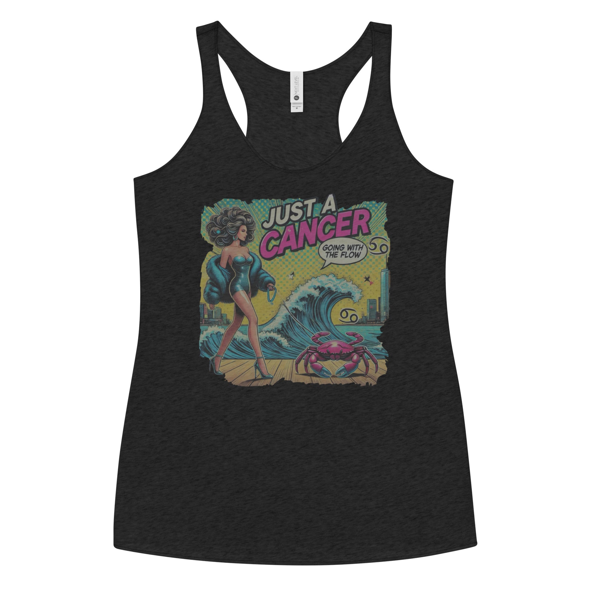 Flatlay of a heather black soft racerback tank t-shirt with a retro pop-art Cancer graphic featuring a dark-haired woman, wearing a turquoise short strapless catsuit, fur coat and strappy heels, walking a pink crab on a leash, with a high water wave and city backdrop captioned Just a Cancer, Going with the Flow'