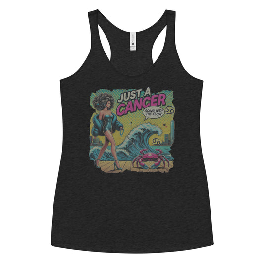 Flatlay of a heather black soft racerback tank t-shirt with a retro pop-art Cancer graphic featuring a dark-haired woman, wearing a turquoise short strapless catsuit, fur coat and strappy heels, walking a pink crab on a leash, with a high water wave and city backdrop captioned Just a Cancer, Going with the Flow'