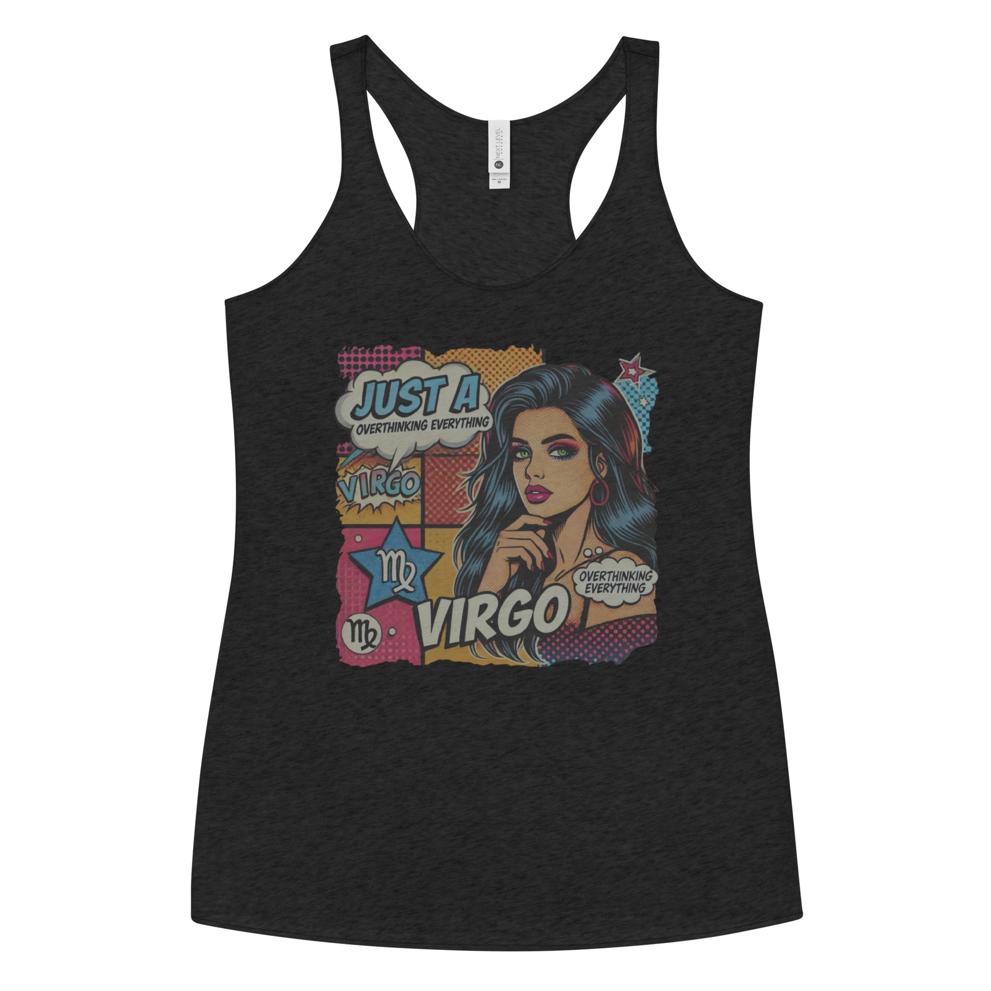 Flatlay of a heather black soft racerback tank t-shirt with a retro pop-art Virgo graphic featuring the head and shoulders of a dark long-haired woman, wearing an off the shoulder top with her hand on her chin, the background is colourful chequered board with two bubble  captions ‘Just a Virgo, overthinking everything'