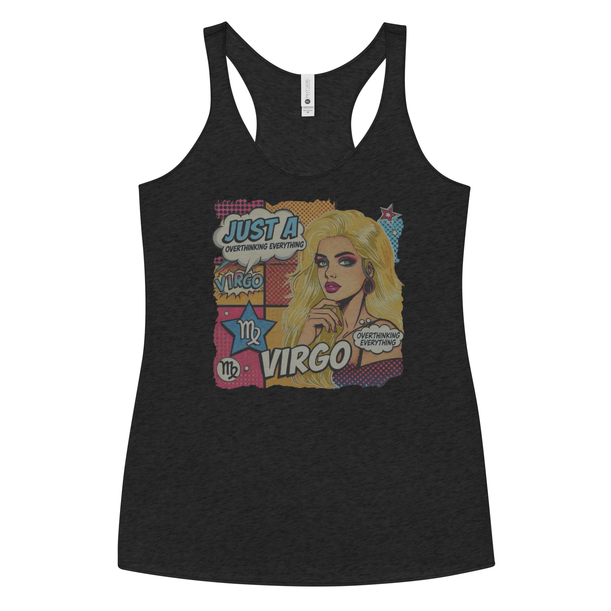 Flatlay of a heather black soft racerback tank t-shirt with a retro pop-art blonde Virgo graphic featuring the head and shoulders of a blonde woman, wearing an off the shoulder top with her hand on her chin, the background is colourful chequered board with two bubble  captions ‘Just a Virgo, overthinking everything'