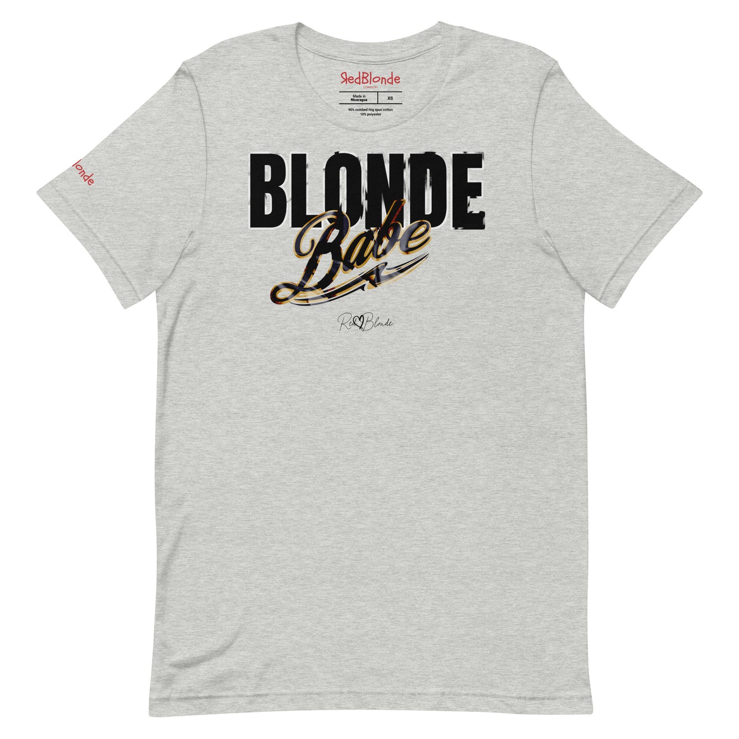 heather grey unisex T-shirt with bold black and gold vintage lettering that reads ‘Blonde Babe’ across the chest, in Anton text for 'babe' and Milkstore 01 script for  ‘Babe’ with a swoosh underline and the RedBlonde signature logo beneath. Branded Redblonde on inside neck and right sleeve