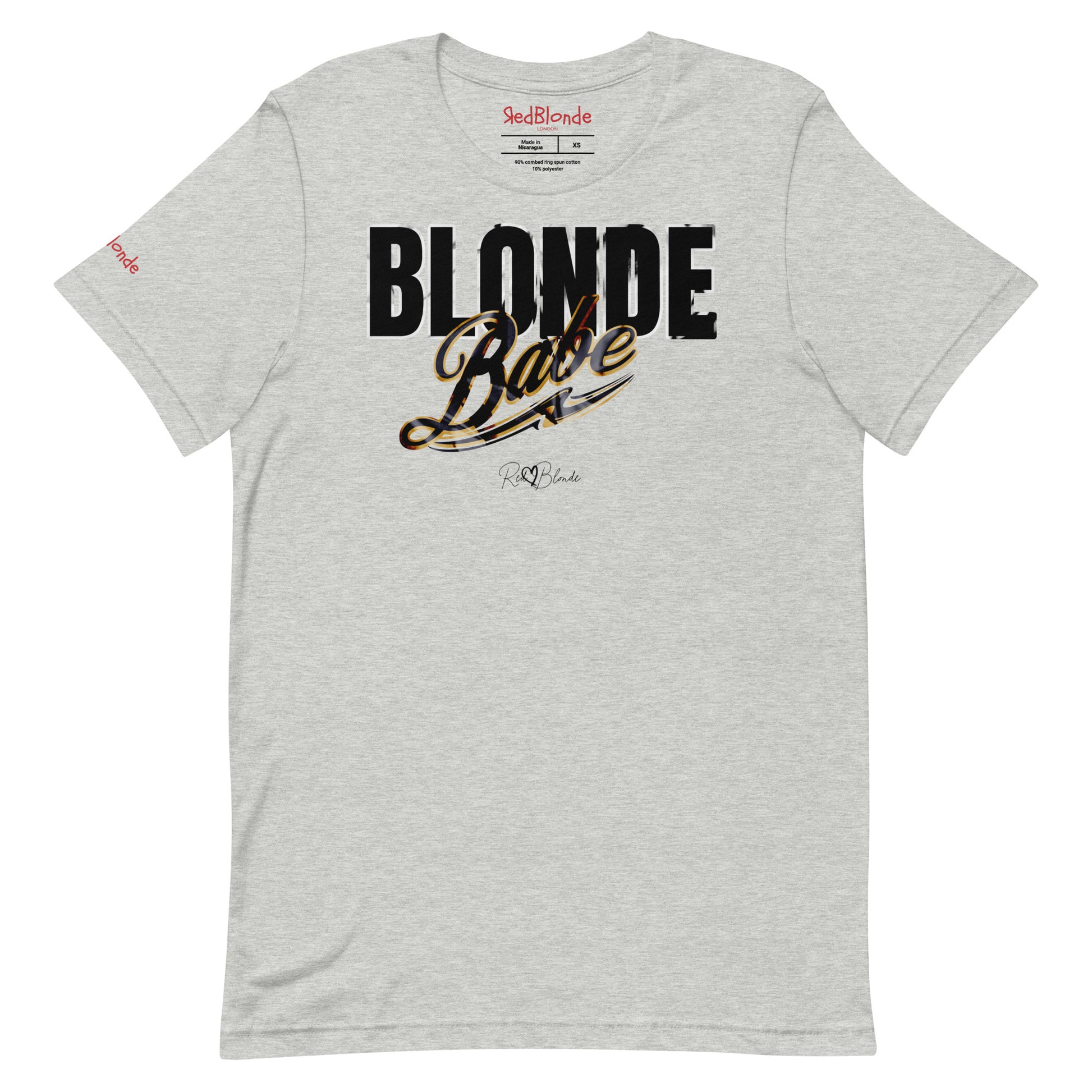 heather grey unisex T-shirt with bold black and gold vintage lettering that reads ‘Blonde Babe’ across the chest, in Anton text for 'babe' and Milkstore 01 script for  ‘Babe’ with a swoosh underline and the RedBlonde signature logo beneath. Branded Redblonde on inside neck and right sleeve