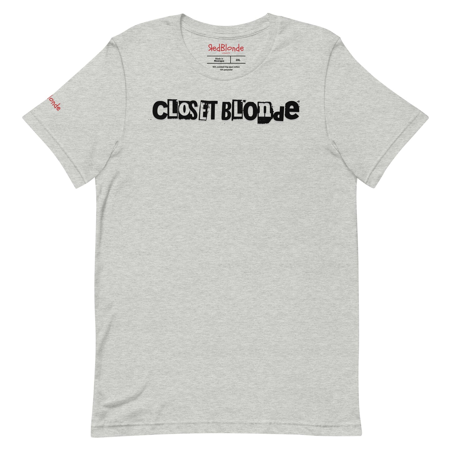 flatlay of a heather grey relaxed fit graphic t-shirt with 'Closet Blonde' in irregular black and white printing block style caps and lowercase lettering. Branded RedBlonde London in inside neck and right sleeve