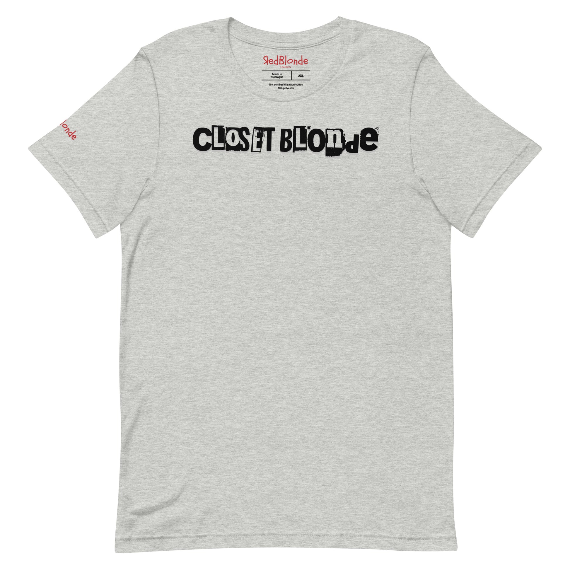 flatlay of a heather grey relaxed fit graphic t-shirt with 'Closet Blonde' in irregular black and white printing block style caps and lowercase lettering. Branded RedBlonde London in inside neck and right sleeve