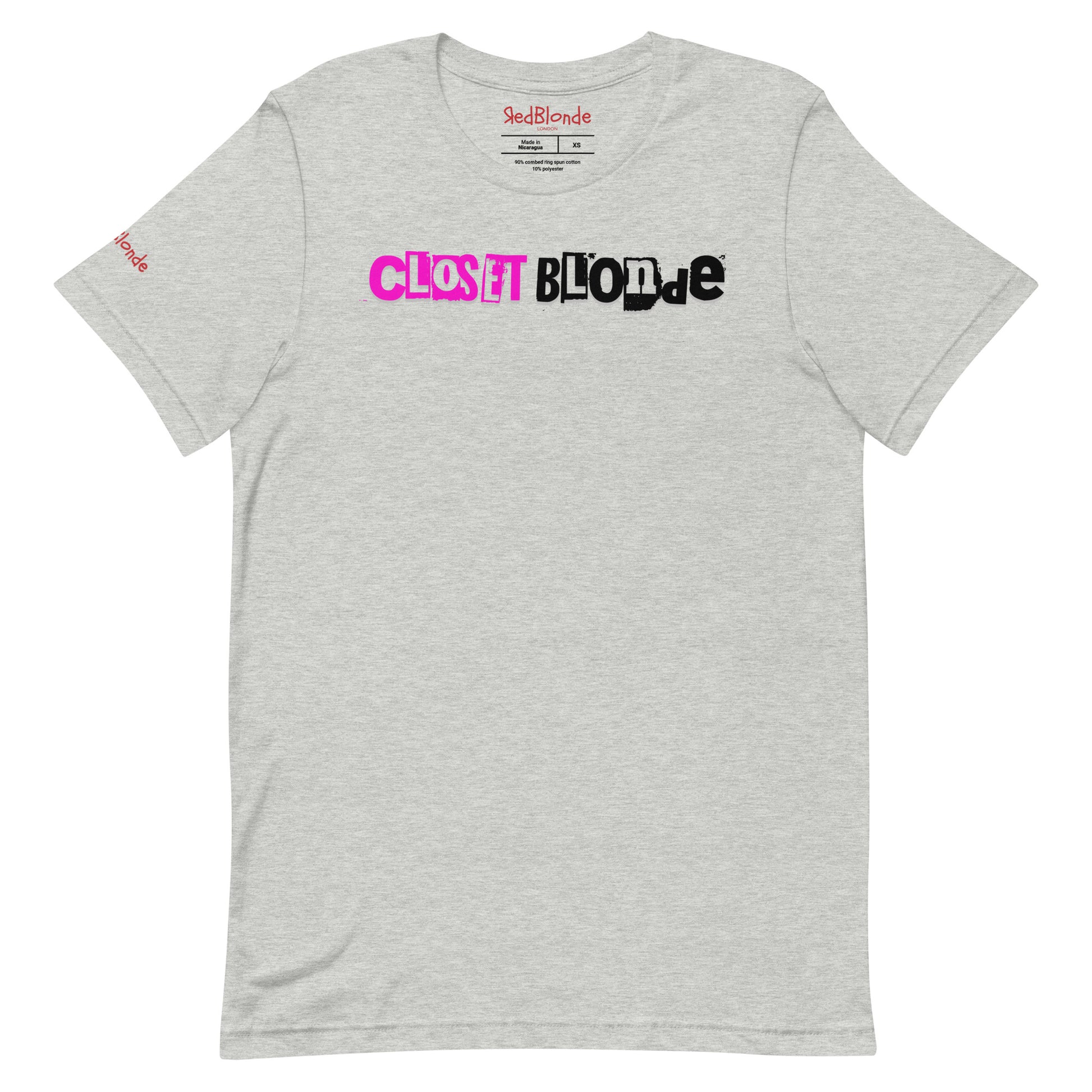 flatlay of a heather grey relaxed fit graphic t-shirt with 'Closet Blonde' in irregular printing block style caps and lowercase . Closet is written in bright prink and Blonde in black lettering. Branded RedBlonde London in inside neck and right sleeve