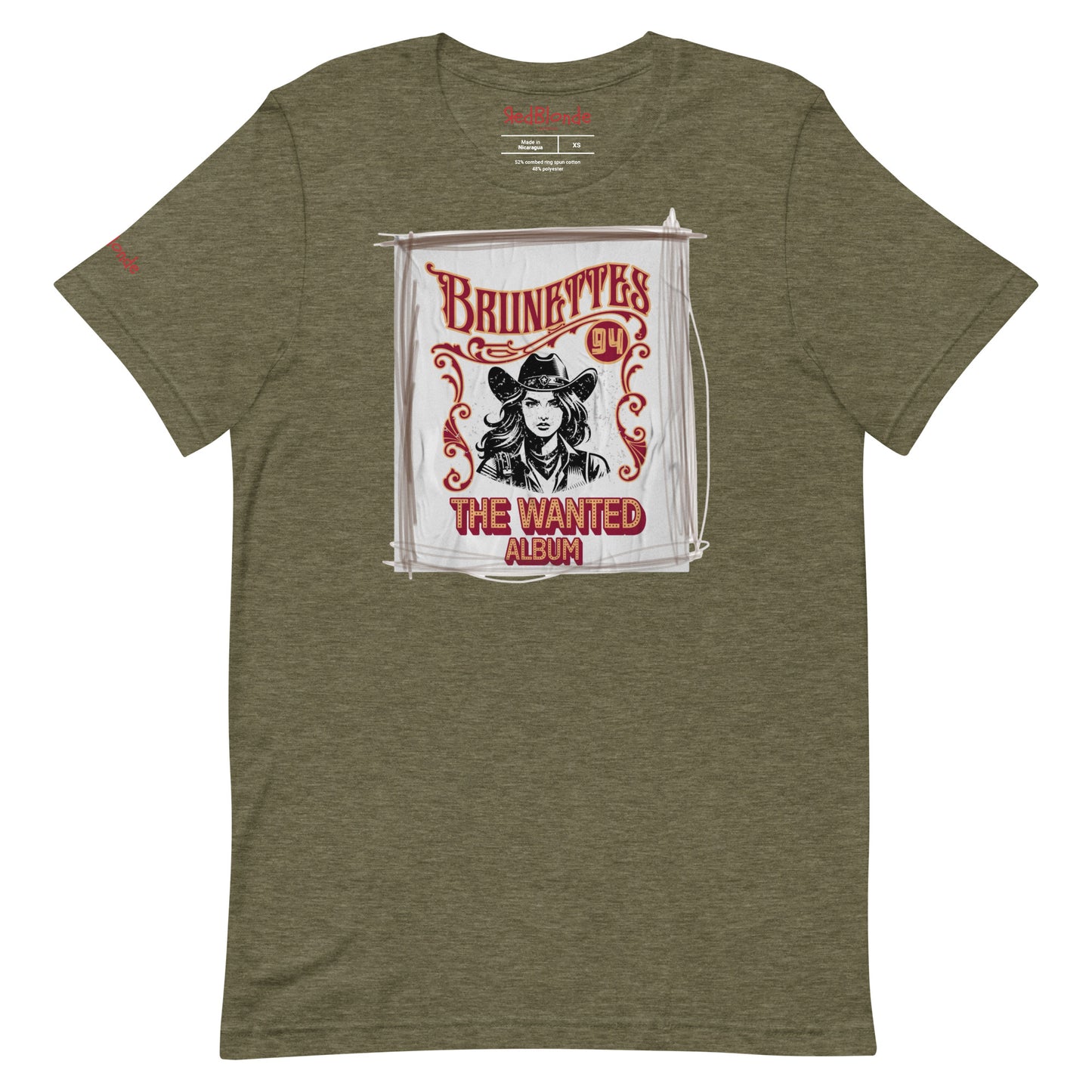  heather olive classic unisex relaxed fit t-shirt with graphic of an album cover featuring a girl in a cowboy hat with the words ' Brunettes'94 - The Wanted Album'. Branded RedBlonde in red on inside neck and right sleeve.