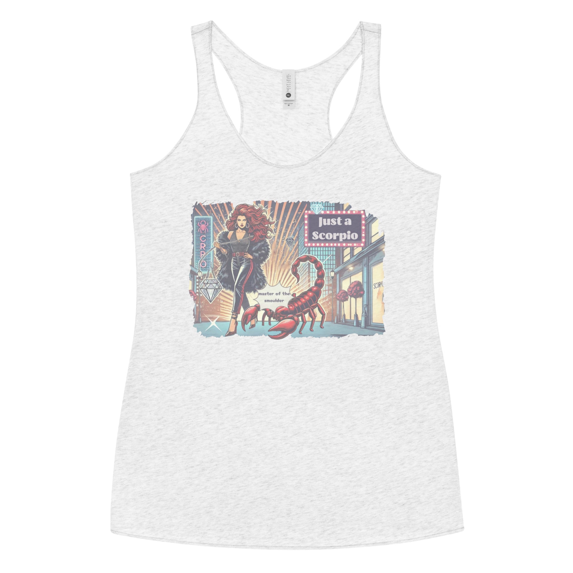 Flatlay of a heather white soft racerback tank t-shirt with a retro pop-art Scorpio graphic featuring a redhead woman with long flowing hair, wearing a black pants with a red stripe down the side, a halterneck top and fur coat, next to a large red scorpion walking down the street past a shop window  captioned ‘Just an Scorpio, Master of the Smoulder'
