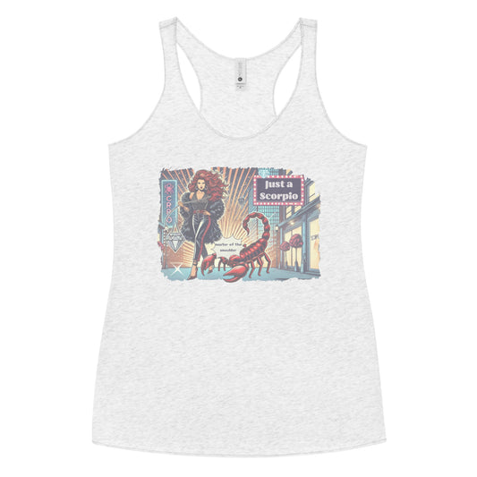 Flatlay of a heather white soft racerback tank t-shirt with a retro pop-art Scorpio graphic featuring a redhead woman with long flowing hair, wearing a black pants with a red stripe down the side, a halterneck top and fur coat, next to a large red scorpion walking down the street past a shop window  captioned ‘Just an Scorpio, Master of the Smoulder'