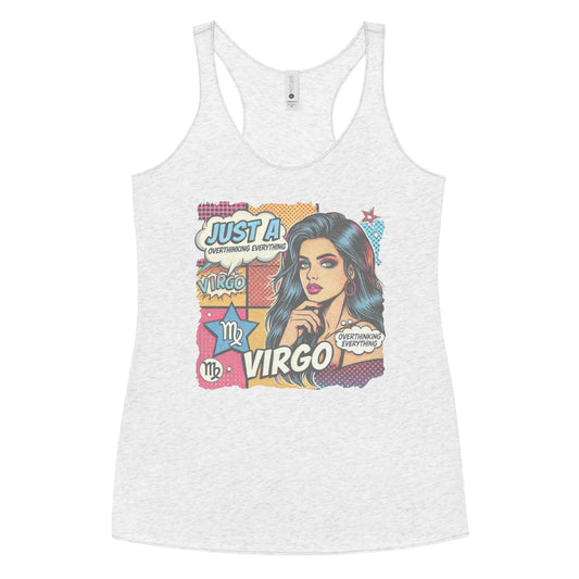 Flatlay of a heather white soft racerback tank t-shirt with a retro pop-art Virgo graphic featuring the head and shoulders of a dark long-haired woman, wearing an off the shoulder top with her hand on her chin, the background is colourful chequered board with two bubble  captions ‘Just a Virgo, overthinking everything'