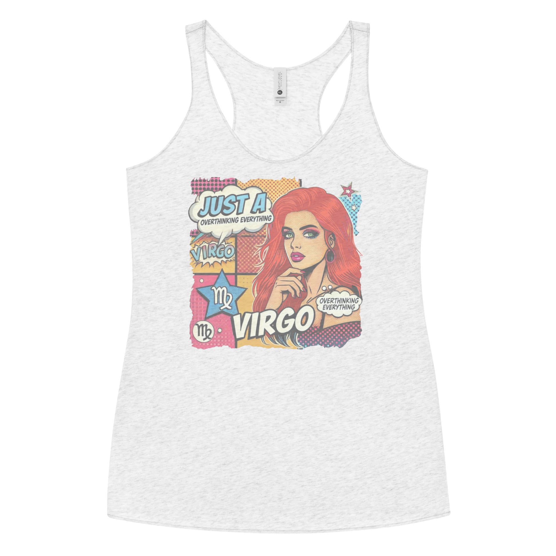 Flatlay of a heather white soft racerback tank t-shirt with a retro pop-art redhead Virgo graphic featuring the head and shoulders of a redhead woman, wearing an off the shoulder top with her hand on her chin, the background is colourful chequered board with two bubble  captions ‘Just a Virgo, overthinking everything'