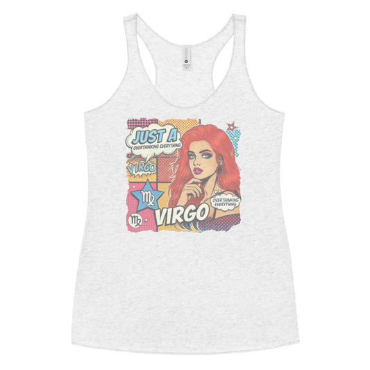 Flatlay of a heather white soft racerback tank t-shirt with a retro pop-art redhead Virgo graphic featuring the head and shoulders of a redhead woman, wearing an off the shoulder top with her hand on her chin, the background is colourful chequered board with two bubble  captions ‘Just a Virgo, overthinking everything'
